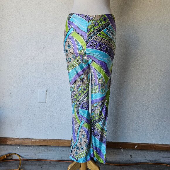 Vintage 70s Paisley Hippie Disco Purple Green Blue Stretch Flare Leggings XS/S - Picture 5 of 6